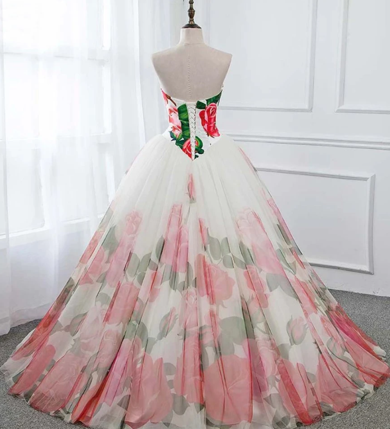 Ball Gown Floral Satin Long Tulle Evening Dresses with Lace up, Sweetheart Red Prom Dresses   cg18274