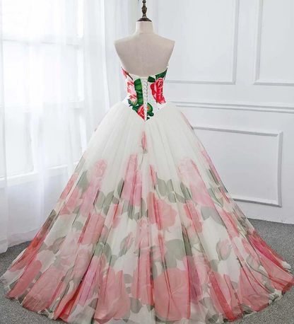 Ball Gown Floral Satin Long Tulle Evening Dresses with Lace up, Sweetheart Red Prom Dresses   cg18274