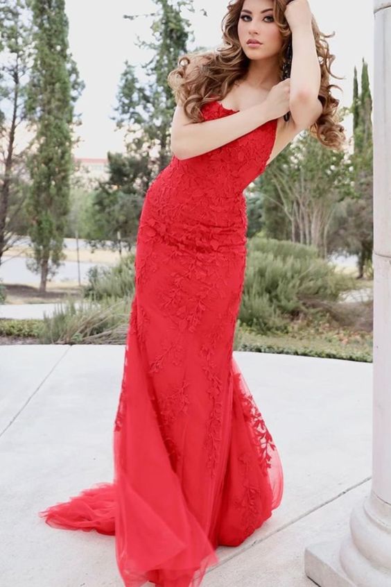 Prom Dress gorgeous mermaid red lace appliqued long formal dress     cg18339