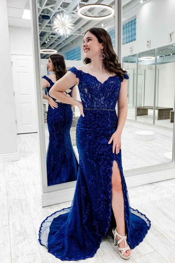 Royal Blue Beaded Prom Dress with Slit   cg18340