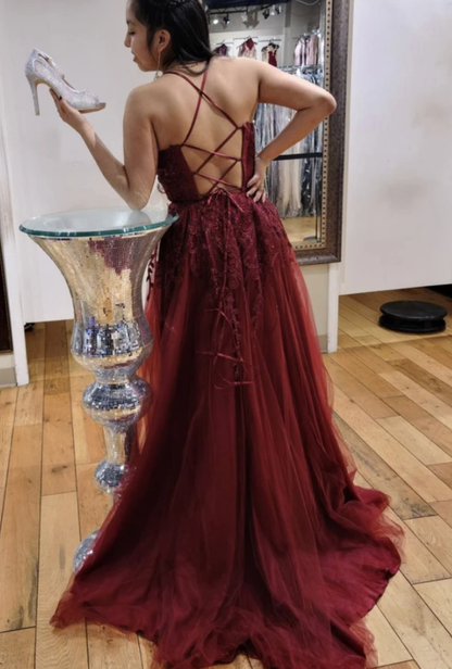 Burgundy lace long prom dress A line evening dress   cg18368
