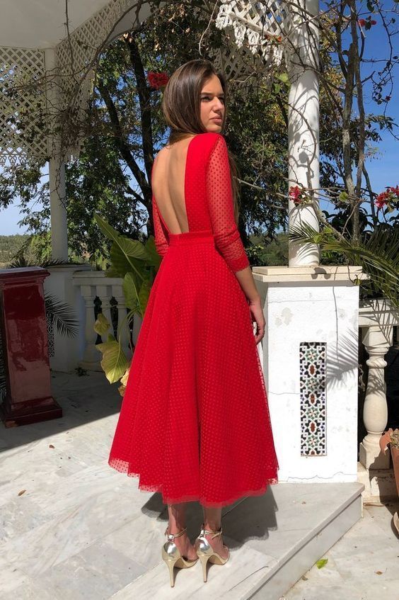 Red a line tea length backless prom dress   cg18388