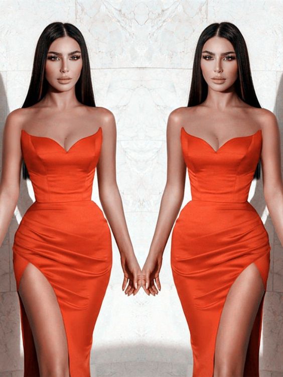 Long Sexy Strapless Mermaid Orange Satin Prom Evening Gown With Side Split    cg18408