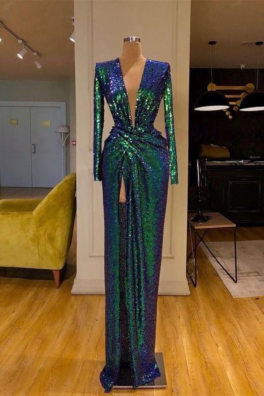 Chic Teal Sequined Sheath Prom Party Dress V Neck Long Sleeves With Slit   cg18422