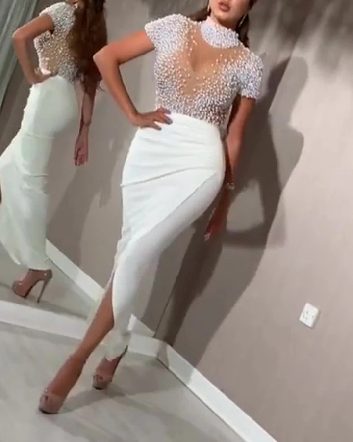 Prom Party Dress See-through Beaded Short Sleeve Evening Dress   cg18436