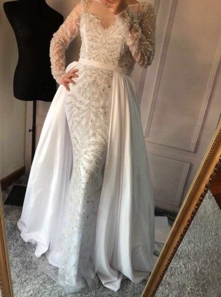 Luxury Mermaid Evening Dresses Attachable Train Long Sleeves Beading Crystal Sparkly Evening Gown Prom Party Dress  cg18440