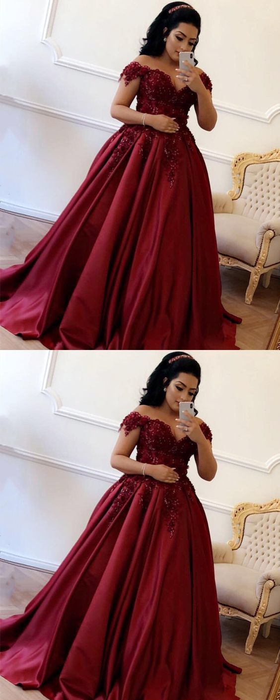 Lace Flower Off The Shoulder Satin Prom Dresses Ball Gowns    cg18464