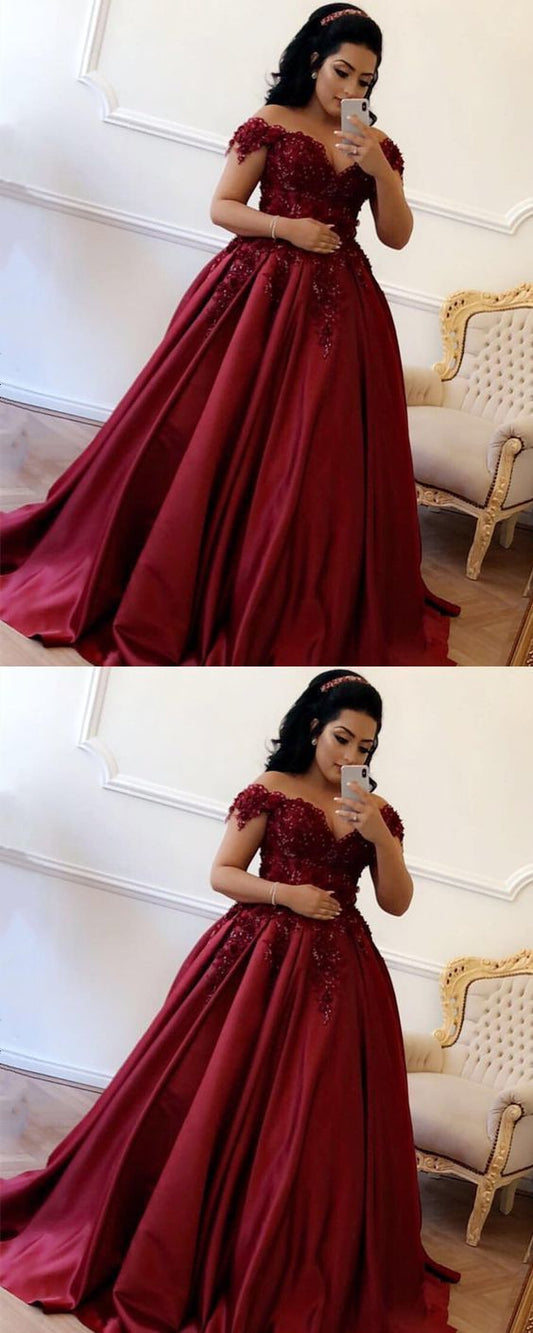 Lace Flower Off The Shoulder Satin Prom Dresses Ball Gowns    cg18464