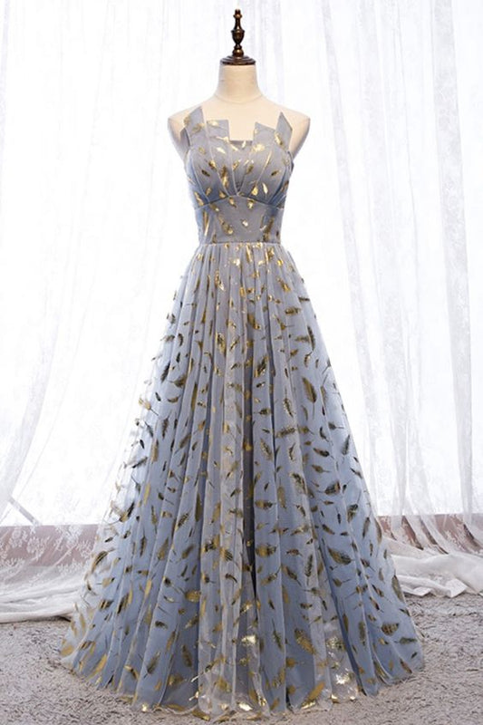 strapless A-line blue tulle and gold long formal dress prom dress   cg18478