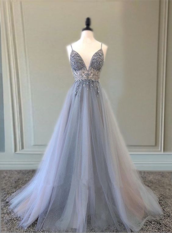 Elegant tulle beaded v neck prom dresses spaghetti straps formal gown long  cg18721