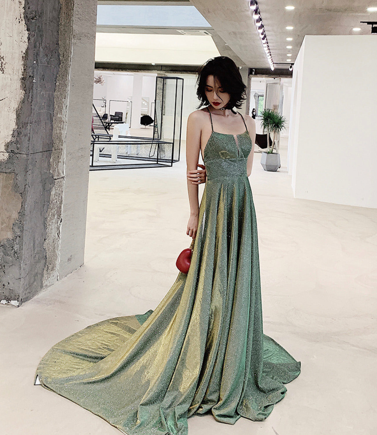 SIMPLE A LING LONG BACKLESS PROM DRESS GREEN EVENING DRESS    cg18725