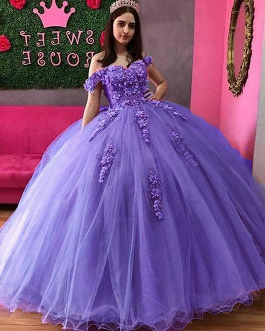 Quinceanera Dresses 3D Applique Puffy Skirt Lace-Up Back Sweet 16 Party Dress Long Prom Gowns   cg18880
