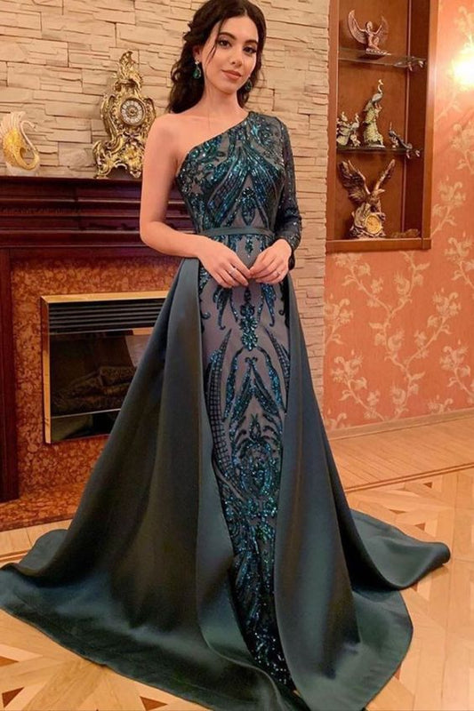 one shoulder dark green long formal prom dress with train   cg18892