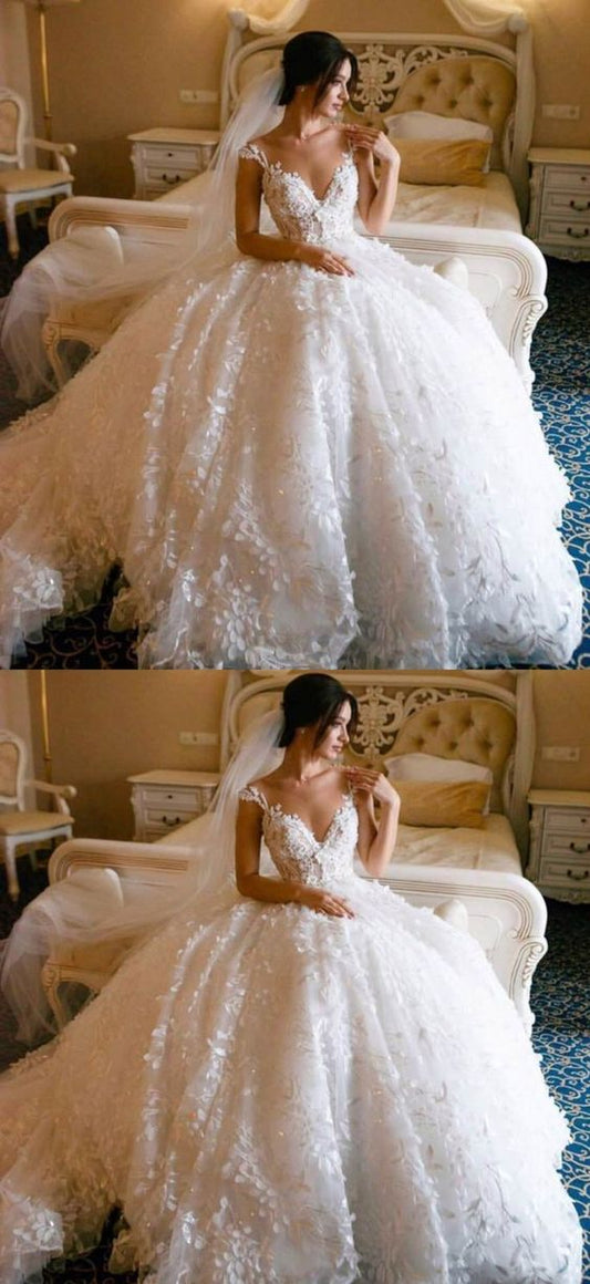 Lace Straps Ball Gown V-neck Long Wedding prom Dresses Online, Cheap Bridal Dresses   cg18925