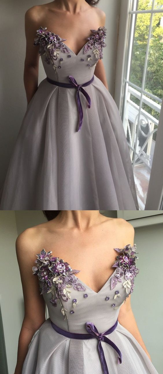 Fabulous V neck Prom Dress, Long Evening Dress with Appliques    cg18993