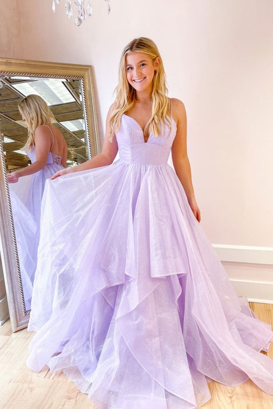 PURPLE TULLE V NECK LONG FORMAL DRESS PURPLE PROM DRESS   cg19003