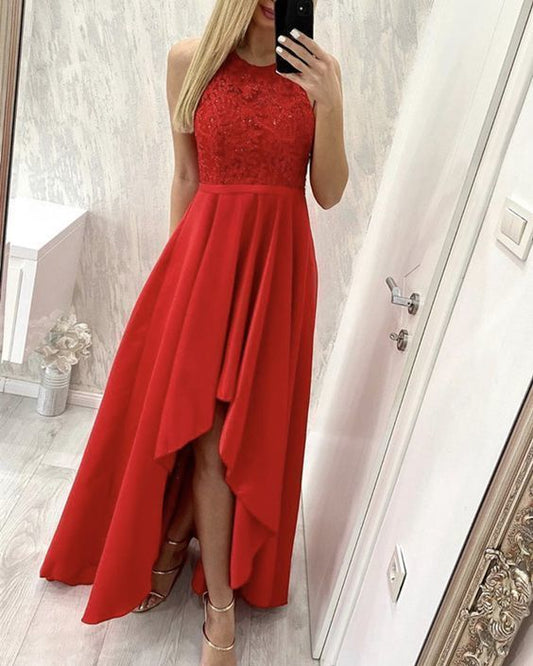 Red lace halter prom dresses asymmetrical gown for back to school prom    cg19021