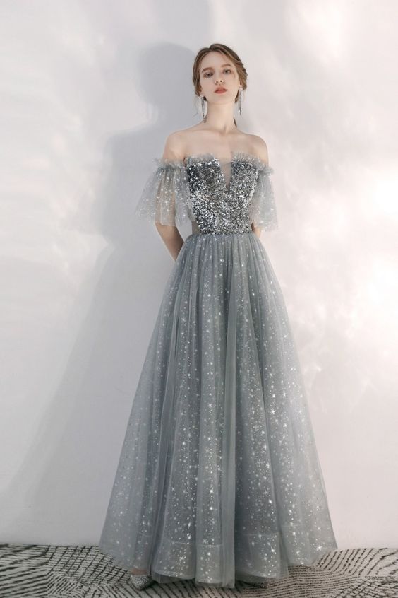 Off the Shoulder Grey Prom Dress    cg19050