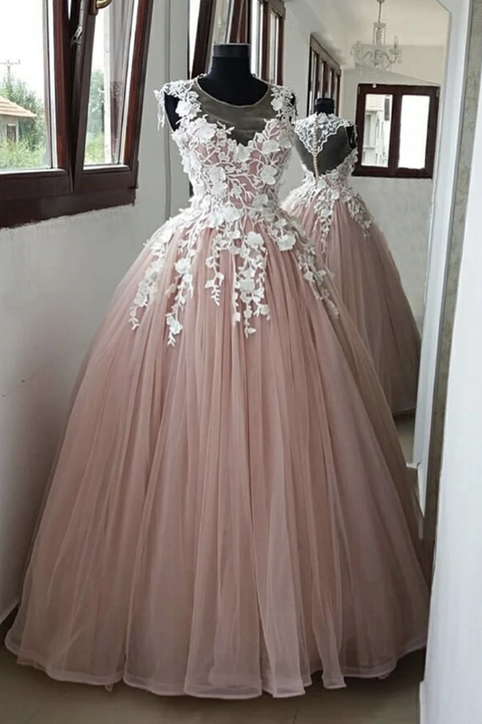 Pink lace long ball gown dress pink evening dress prom dress A line evening dress    cg19084