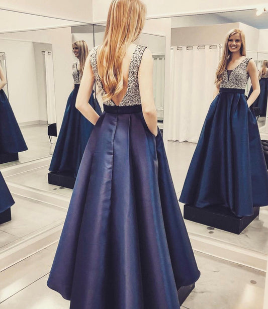BLUE A LINE SATIN LONG PROM DRESS BLUE EVENING DRESS    cg19087