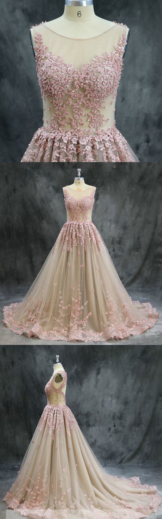 Champagne tulle long open back lace appliqué senior prom dress     cg19095