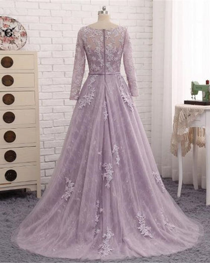 Light Purple Evening Dress Formal Party Gown,Round Collar Lace Prom Dress    cg19113