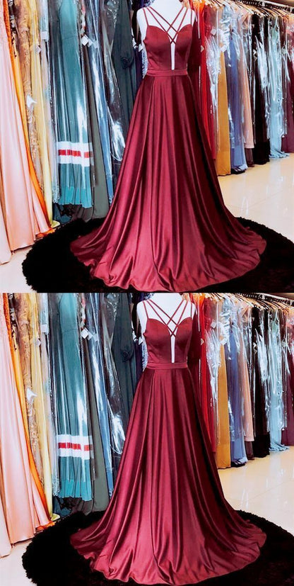 SIMPLE BURGUNDY SATIN LONG PROM DRESS, BURGUNDY EVENING DRESS cg1915