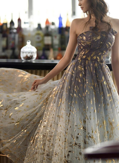 Floral Tulle New Style Strapless Floor Length Party Dress Prom Dress Evening Dress    cg19161