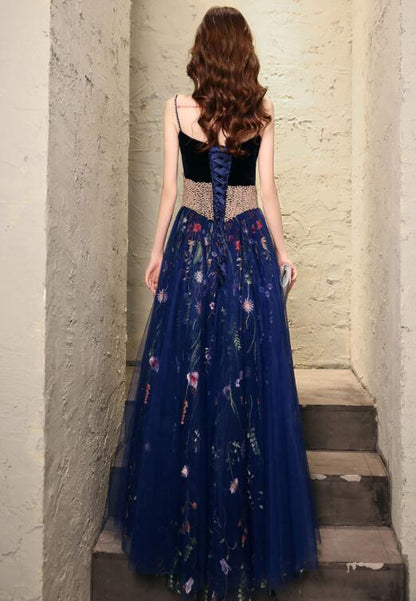 Charming Navy Blue Velvet And Tulle Floral Straps Evening Dress, Blue Formal Dress Prom Dress   cg19162