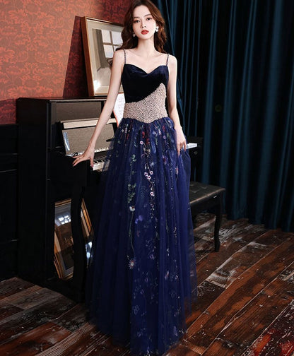 Charming Navy Blue Velvet And Tulle Floral Straps Evening Dress, Blue Formal Dress Prom Dress   cg19162