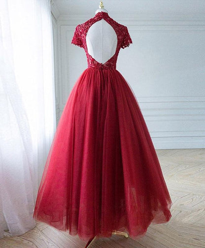 Dark Red Lace High Neckline Beaded Prom Dress, Tulle Evening Dress Formal Dress   cg19163