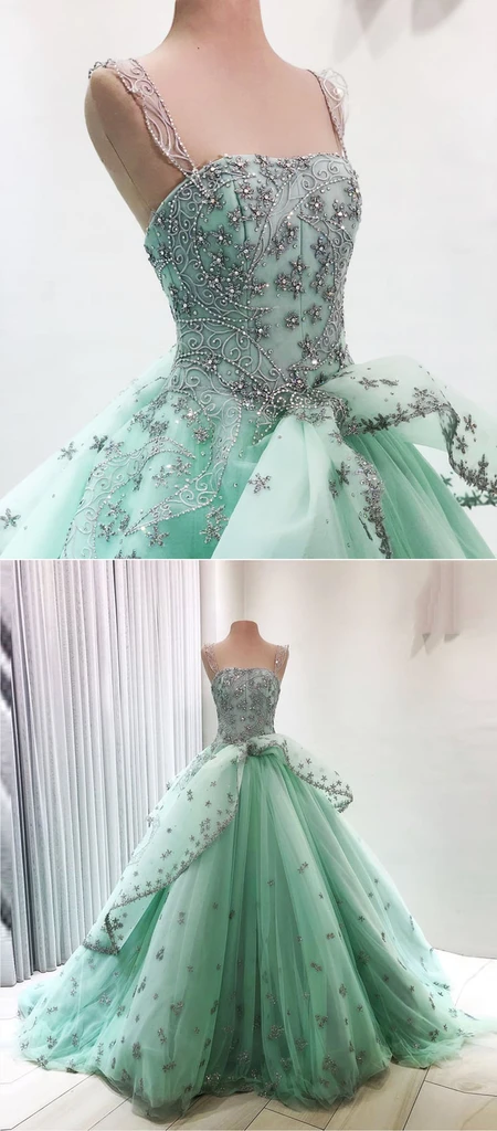 Mint green tulle beaded sweep train open back court prom dress, evening dress    cg19201
