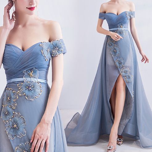 Elegant Sweep Train Appliques Prom Dresses,Charming Off-The-Shoulder Evening Dresses   cg19253