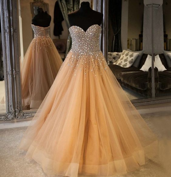 Luxury Champagne Strapless Quinceanera Prom Dresses ,Long Crystal Beaded Prom Dress   cg19265