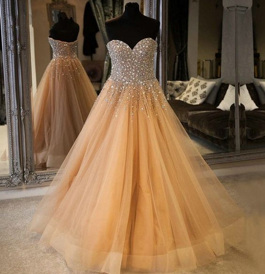 Luxury Champagne Strapless Quinceanera Prom Dresses ,Long Crystal Beaded Prom Dress   cg19265