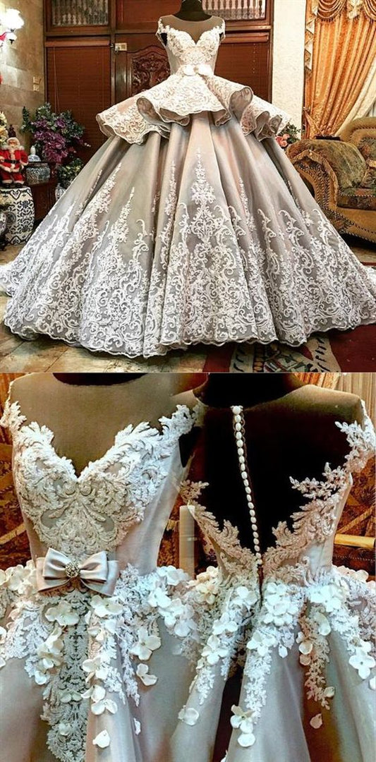 Luxury Scoop Neck Lace Appliques Wedding Prom Dresses Tiered A Line Bridal Gown    cg19303