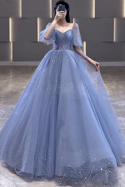 Blue tulle long ball gown dress A line formal dress Prom Dress    cg19313