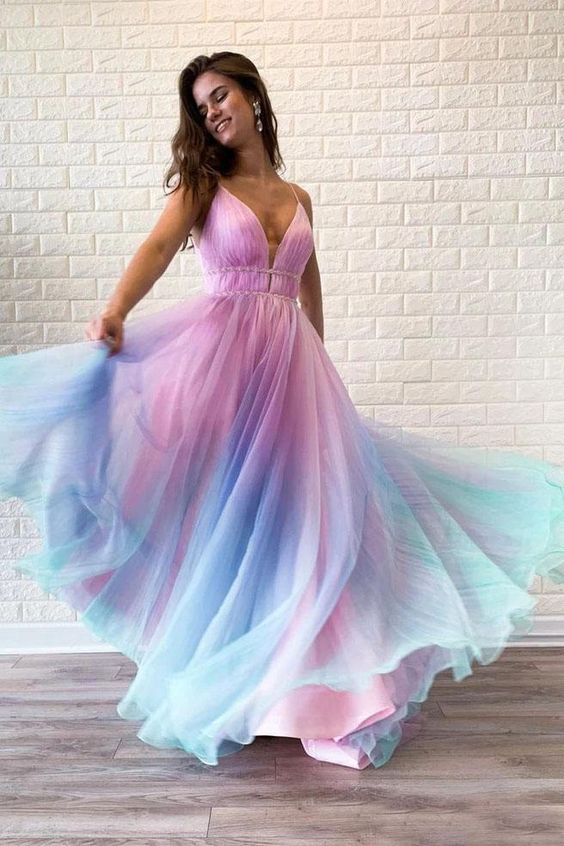 Ombre Spaghetti Straps Sleeveless A Line Prom Dress/ Custom Dresses     cg19325