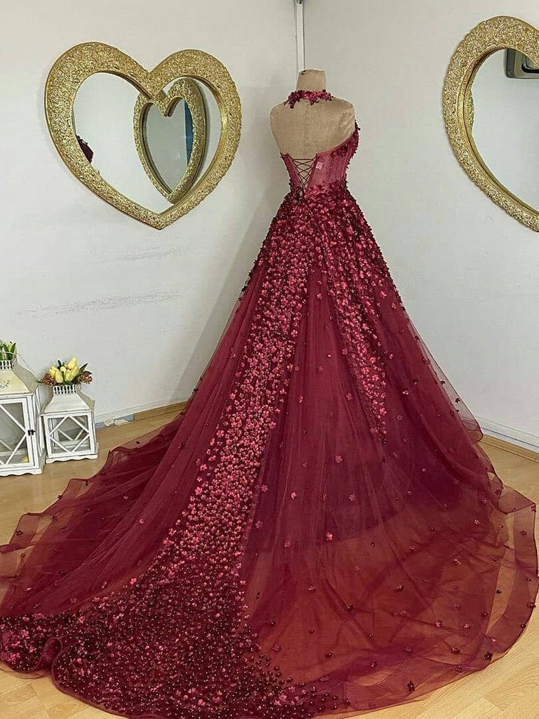 Fabulous A-line Halter Chapel Train Tulle Beaded Appliqued Prom Dresses   cg19375