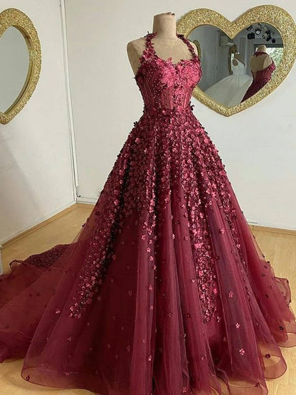 Fabulous A-line Halter Chapel Train Tulle Beaded Appliqued Prom Dresses   cg19375