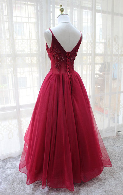 Wine Red Straps Tulle V-neckline Elegant Party Dress, Beautiful Prom Dress    cg19378