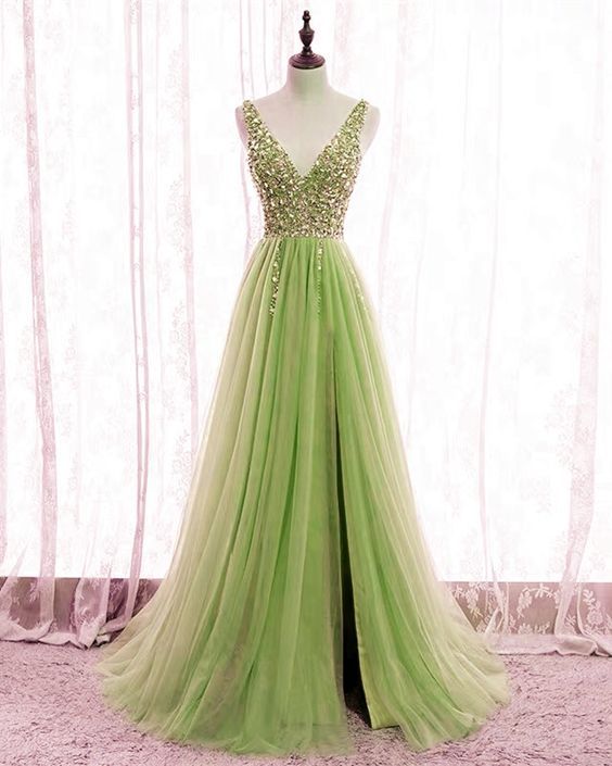 Sage green bridesmaid gowns tulle split v neck formal dresses Prom Gowns, Formal Women Dress   cg19414
