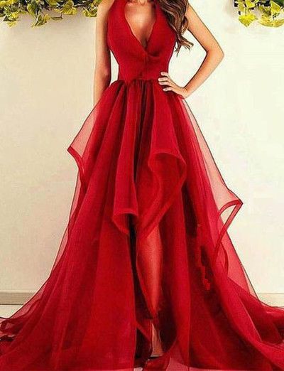 New Fashions V-Neck Red Organza Long Prom/Evening Dress    cg19425