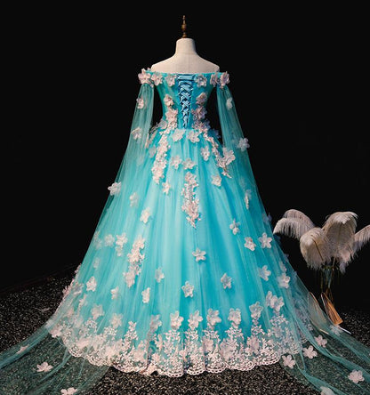 Mint Blue Tulle Embroidery Silk Flowers Quinceanera Dress, Blue Long Ball Gown Formal prom Dress    cg19476