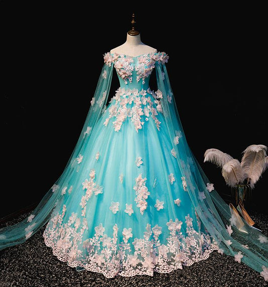 Mint Blue Tulle Embroidery Silk Flowers Quinceanera Dress, Blue Long Ball Gown Formal prom Dress    cg19476
