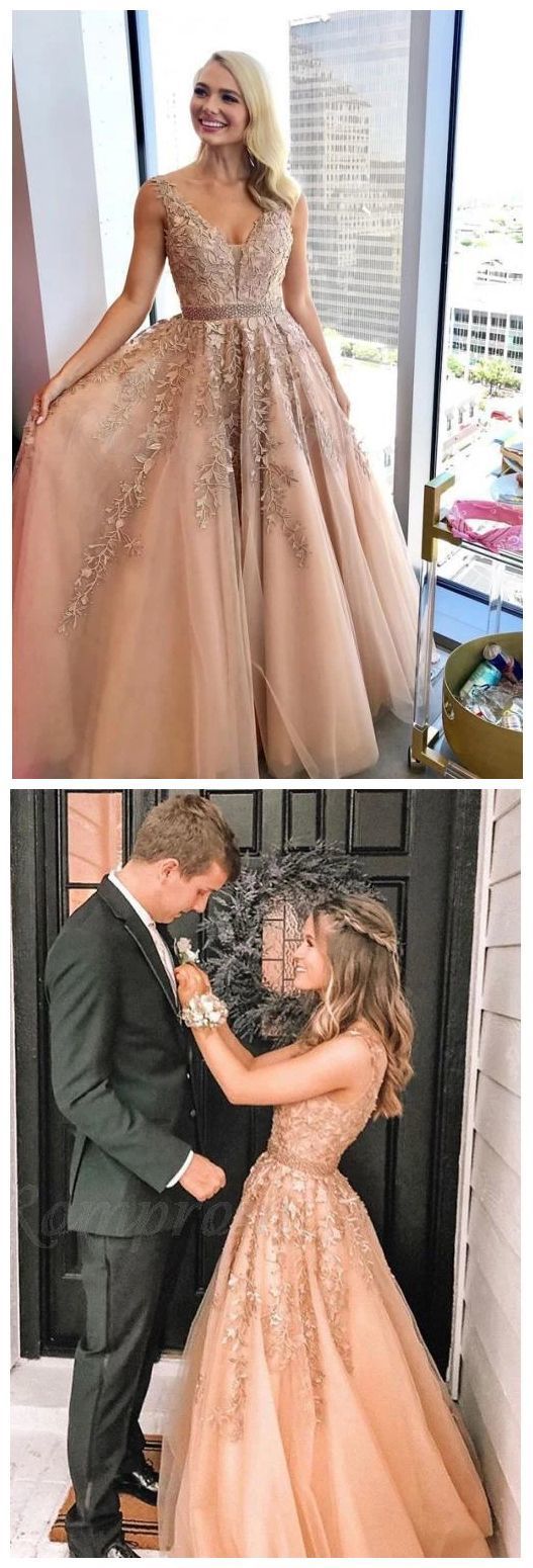 Charming A Line V Neck Beads Tulle Prom Dresses with Appliques, Floor Length Formal Dresses     cg19492