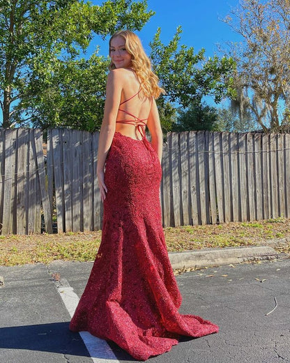Mermaid Burgundy Appliqued Long Prom Gown   cg19498
