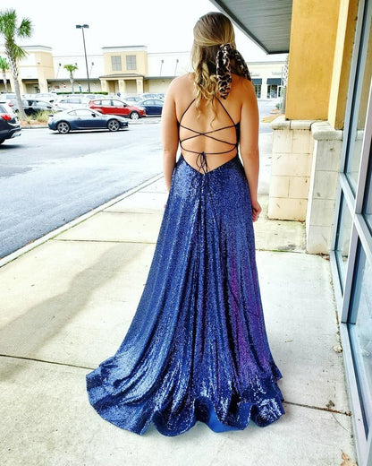 Straps Navy Blue Sequins Prom Dress with Slit,    cg19502