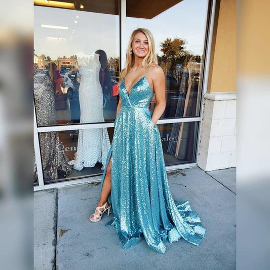 A line Sequins Prom Dress with Slit,    cg19503