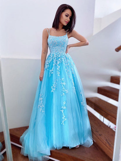 Princess Spaghetti Straps Tulle Sleeveless Applique Sweep/Brush Train prom Dresses    cg19527